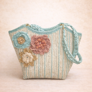 Bolso Brisa de Mar tejido a mano en crochet irlandés, en tonos menta y crudo, con flores artesanales en relieve
