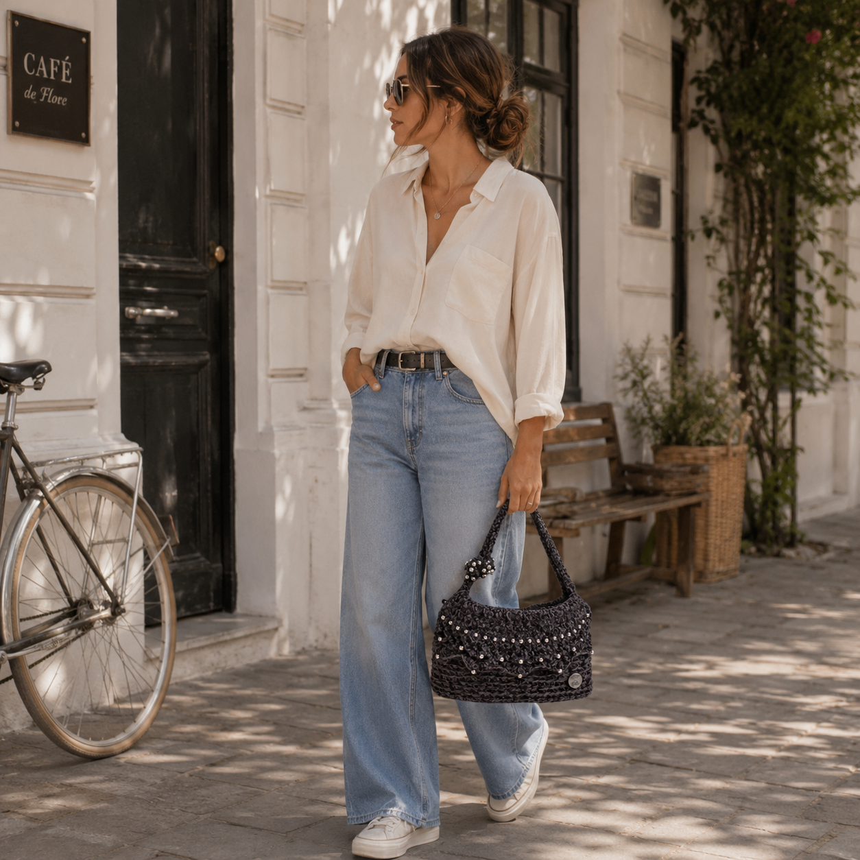 Mujer caminando por una calle con el bolso Eclipse Urbano de Amaro Crochet, tejido completamente a mano en crochet, combinado con un look casual para el día a día.