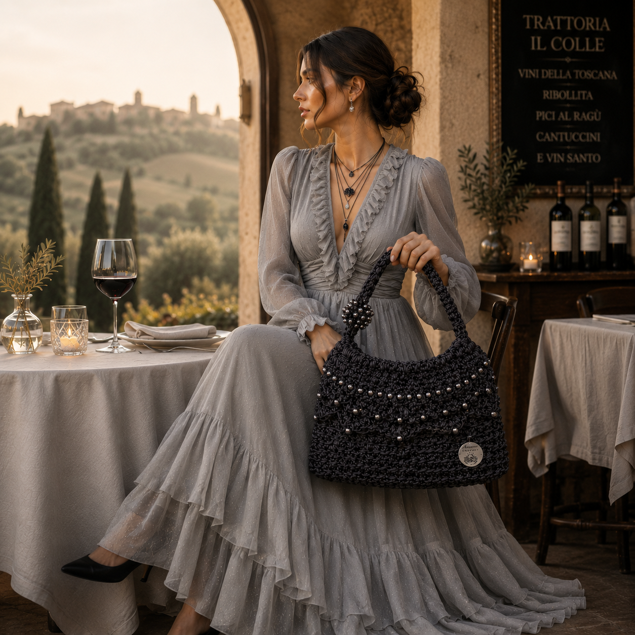 Mujer con el bolso Eclipse Urbano de Amaro Crochet, tejido completamente a mano en crochet, combinado con un vestido elegante para una cena o celebración especial.