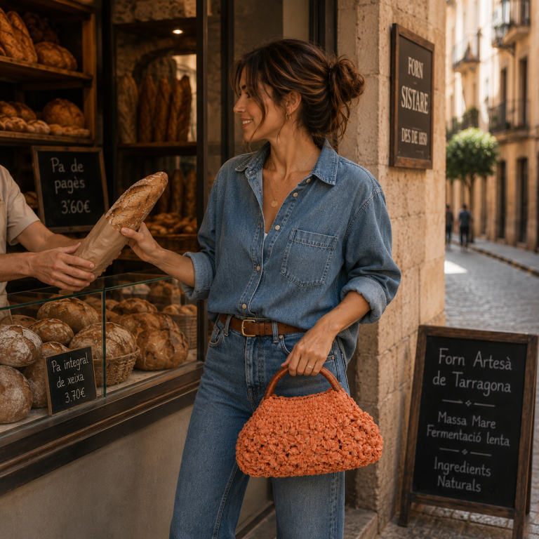 Mujer con un look casual llevando el bolso Flor de Chenille de Amaro Crochet, tejido completamente a mano en crochet, ideal para paseos por la ciudad, compras locales y momentos cotidianos donde el diseño artesanal aporta calidez, textura y personalidad.
