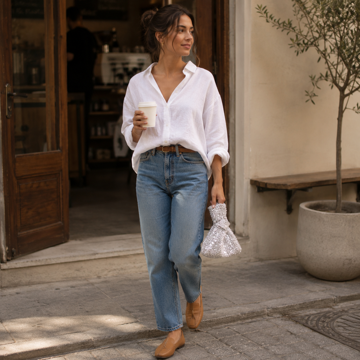 Mujer con un look casual llevando el bolso Mini Gala de Amaro Crochet, tejido completamente a mano en crochet, ideal para paseos por la ciudad, cafés y un estilo relajado con un toque de brillo.