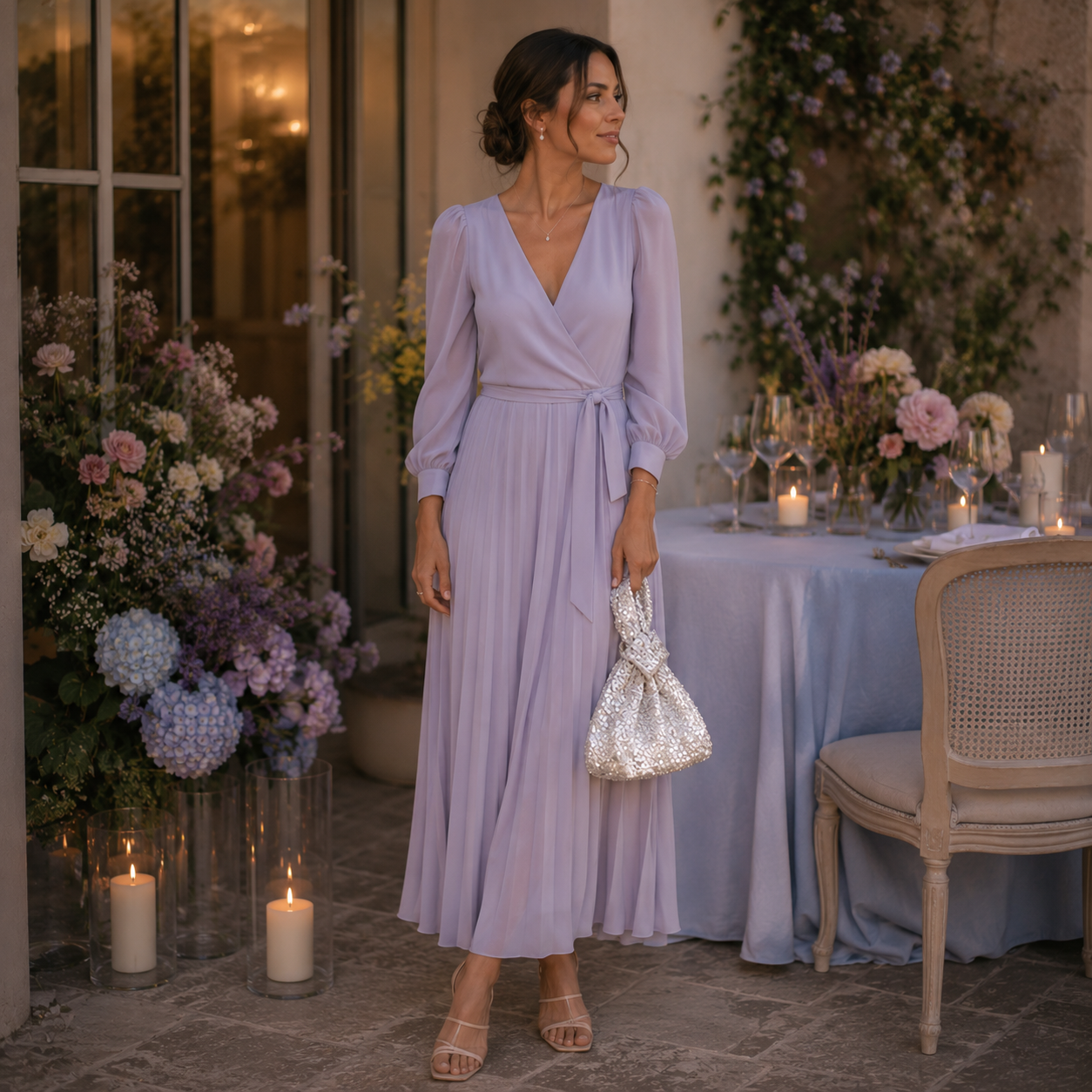 Mujer con un look elegante llevando el bolso Mini Gala de Amaro Crochet, tejido completamente a mano en crochet, ideal para cenas, celebraciones y eventos especiales con un estilo refinado.